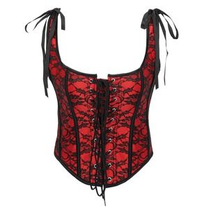 Red Black Lace Corset Top Boho Witchcraft Bustier Halter Ties Back Lace Up XS